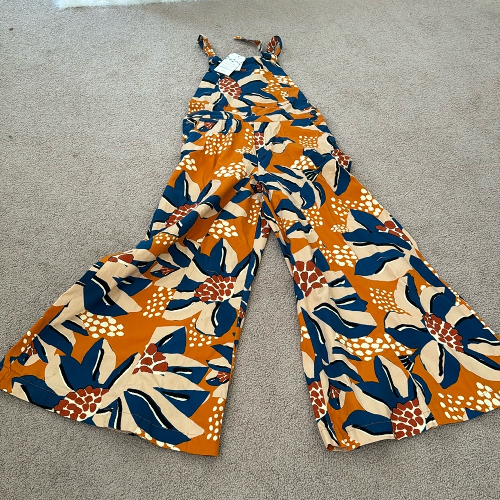 Anthropologie Floral Wide-Leg Jumpsuit in Mustard, Navy & Cream